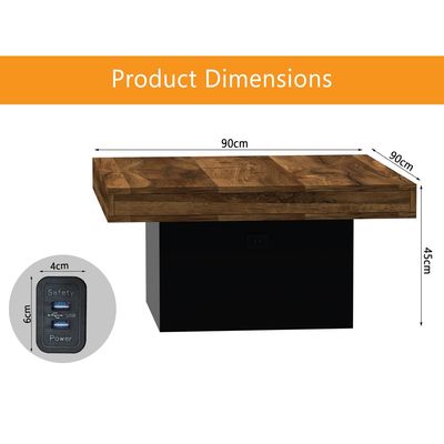 Mahmayi Modern Coffee Table with BS02 USB Port Square Shape Tabletop - Dark Hunton Oak and Black 