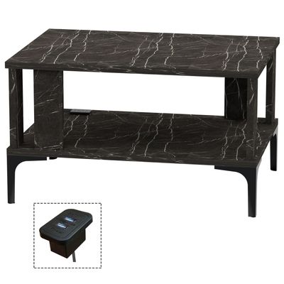 Mahmayi Modern Coffee Table with BS02 USB Port and Storage Shelf - Black Pietra Grigia