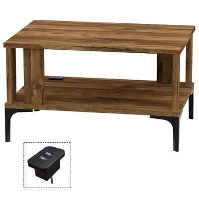 Mahmayi Modern Coffee Table with BS02 USB Port and Storage Shelf - Dark Hunton Oak 
