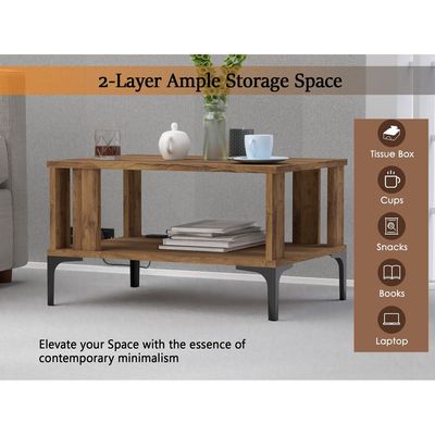 Mahmayi Modern Coffee Table with BS02 USB Port and Storage Shelf - Dark Hunton Oak 