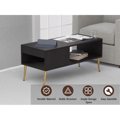 Mahmayi Modern Coffee Table with Side Compartment and Storage Shelf - Black 