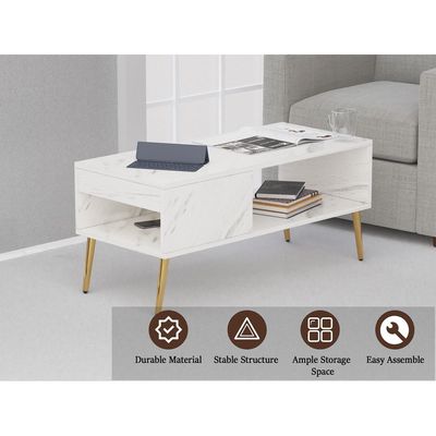 Mahmayi Modern Coffee Table with Side Compartment and Storage Shelf - White Levanto Marble 
