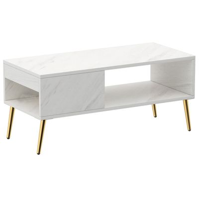 Mahmayi Modern Coffee Table with Side Compartment and Storage Shelf - White Levanto Marble 