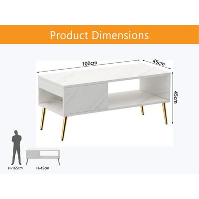 Mahmayi Modern Coffee Table with Side Compartment and Storage Shelf - White Levanto Marble 