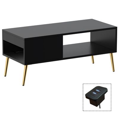 Mahmayi Modern Coffee Table with BS02 USB Port, Side Compartment and Storage Shelf - Black 