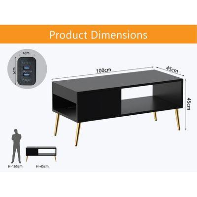 Mahmayi Modern Coffee Table with BS02 USB Port, Side Compartment and Storage Shelf - Black 