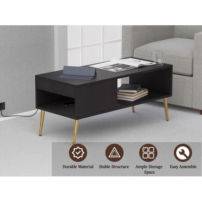Mahmayi Modern Coffee Table with BS02 USB Port, Side Compartment and Storage Shelf - Black 