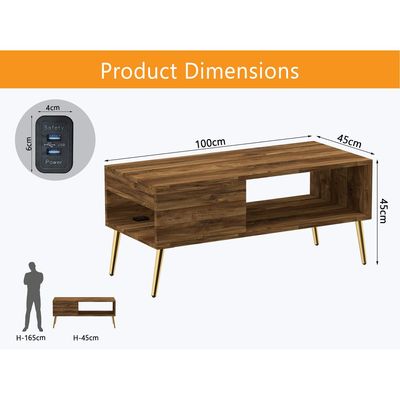 Mahmayi Modern Coffee Table with BS02 USB Port, Side Compartment and Storage Shelf - Dark Hunton Oak 