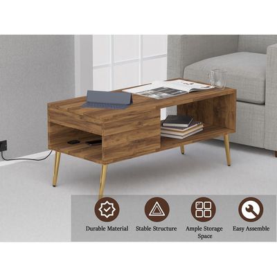 Mahmayi Modern Coffee Table with BS02 USB Port, Side Compartment and Storage Shelf - Dark Hunton Oak 