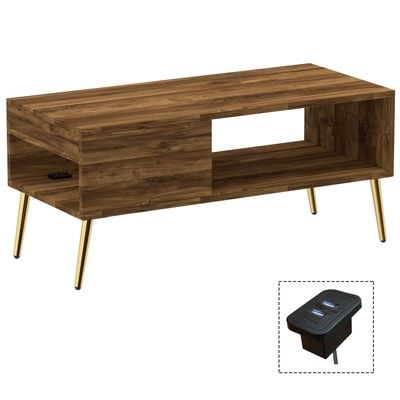 Mahmayi Modern Coffee Table with BS02 USB Port, Side Compartment and Storage Shelf - Dark Hunton Oak 