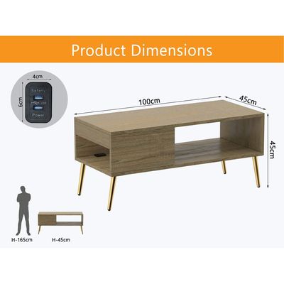 Mahmayi Modern Coffee Table with BS02 USB Port, Side Compartment and Storage Shelf - Grey Bardolino Oak 