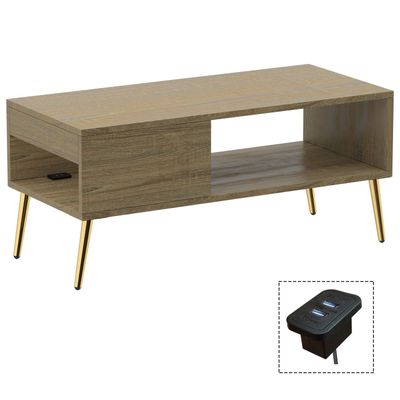 Mahmayi Modern Coffee Table with BS02 USB Port, Side Compartment and Storage Shelf - Grey Bardolino Oak 