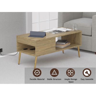 Mahmayi Modern Coffee Table with BS02 USB Port, Side Compartment and Storage Shelf - Grey Bardolino Oak 