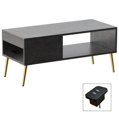 Mahmayi Modern Coffee Table with BS02 USB Port, Side Compartment and Storage Shelf - Metal Fabric Anthracite 