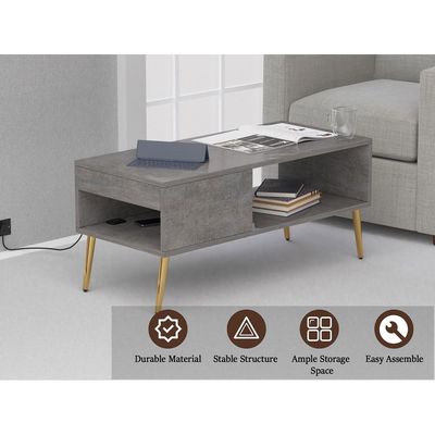 Mahmayi Modern Coffee Table with BS02 USB Port, Side Compartment and Storage Shelf - Metal Fabric Anthracite 