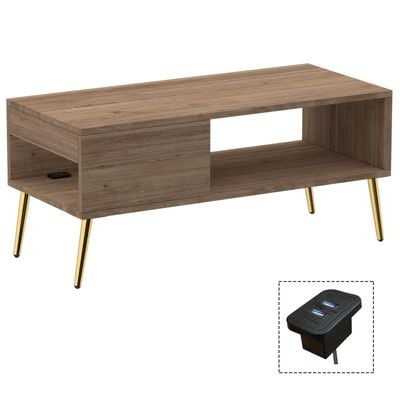 Mahmayi Modern Coffee Table with BS02 USB Port, Side Compartment and Storage Shelf - Truffle Davos Oak 