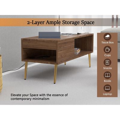 Mahmayi Modern Coffee Table with BS02 USB Port, Side Compartment and Storage Shelf - Truffle Davos Oak 