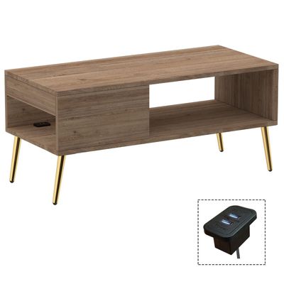 Mahmayi Modern Coffee Table with BS02 USB Port, Side Compartment and Storage Shelf - Truffle Davos Oak 