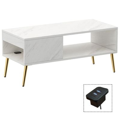 Mahmayi Modern Coffee Table with BS02 USB Port, Side Compartment and Storage Shelf - White Levanto Marble 