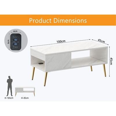 Mahmayi Modern Coffee Table with BS02 USB Port, Side Compartment and Storage Shelf - White Levanto Marble 