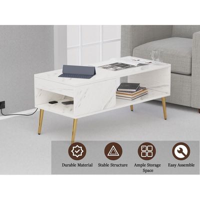 Mahmayi Modern Coffee Table with BS02 USB Port, Side Compartment and Storage Shelf - White Levanto Marble 