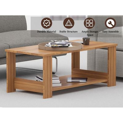 Mahmayi Modern Coffee Table with Two Tier Storage Shelf - Natural Dijon Walnut 