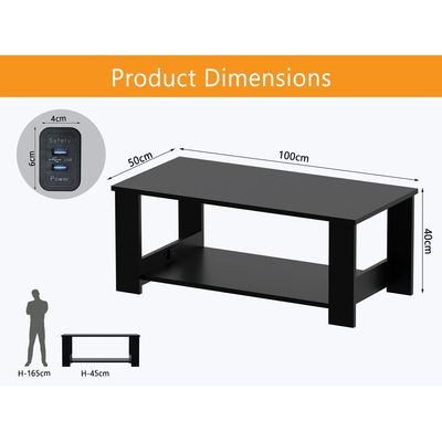 Mahmayi Modern Coffee Table with BS02 USB Port and Two Tier Storage Shelf - Black 