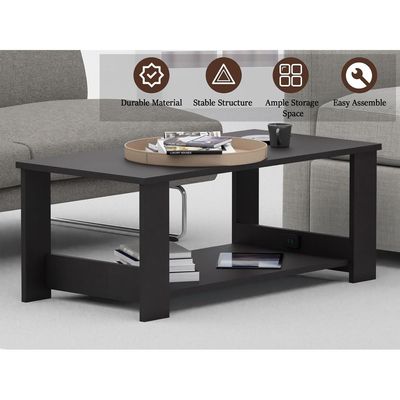 Mahmayi Modern Coffee Table with BS02 USB Port and Two Tier Storage Shelf - Black 