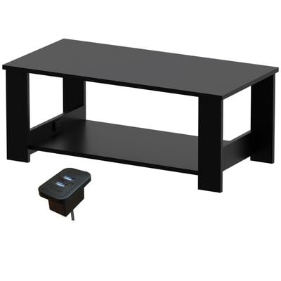 Mahmayi Modern Coffee Table with BS02 USB Port and Two Tier Storage Shelf - Black 