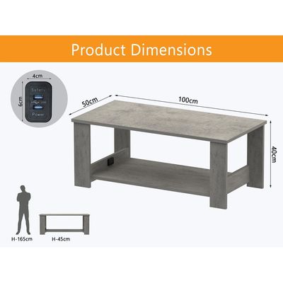 Mahmayi Modern Coffee Table with BS02 USB Port and Two Tier Storage Shelf - Light Grey Chicago Concrete 