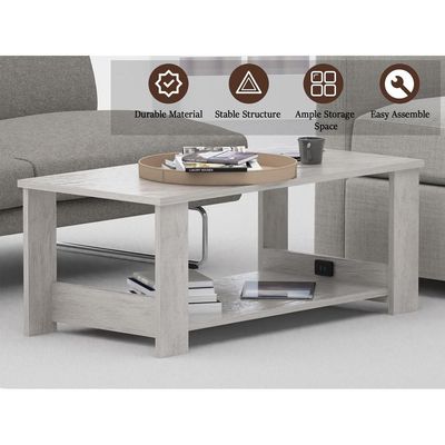 Mahmayi Modern Coffee Table with BS02 USB Port and Two Tier Storage Shelf - Light Grey Chicago Concrete 