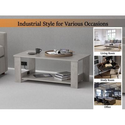 Mahmayi Modern Coffee Table with BS02 USB Port and Two Tier Storage Shelf - Light Grey Chicago Concrete 