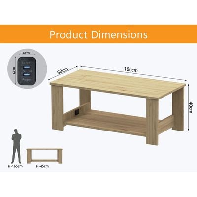 Mahmayi Modern Coffee Table with BS02 USB Port and Two Tier Storage Shelf - Natural Davos Oak 