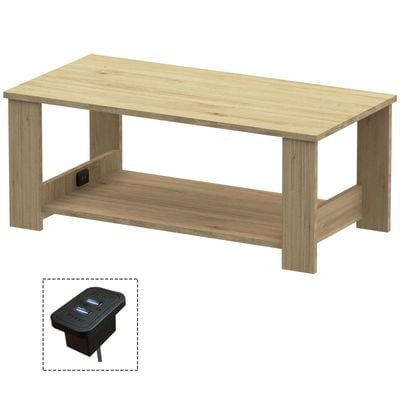 Mahmayi Modern Coffee Table with BS02 USB Port and Two Tier Storage Shelf - Natural Davos Oak 