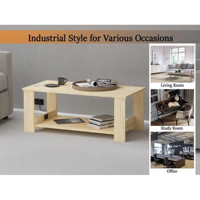 Mahmayi Modern Coffee Table with BS02 USB Port and Two Tier Storage Shelf - Natural Davos Oak 