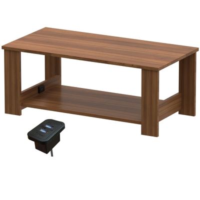 Mahmayi Modern Coffee Table with BS02 USB Port and Two Tier Storage Shelf - Natural Dijon Walnut 