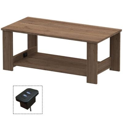 Mahmayi Modern Coffee Table with BS02 USB Port and Two Tier Storage Shelf - Truffle Davos Oak 