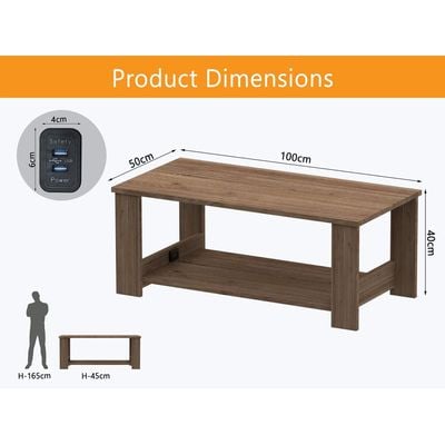 Mahmayi Modern Coffee Table with BS02 USB Port and Two Tier Storage Shelf - Truffle Davos Oak 