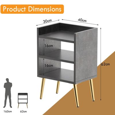 Mahmayi Modern Night Stand, Side End Table with 3 Open Storage Shelf - Metal Fabric Anthracite