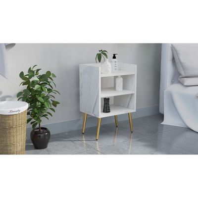 Mahmayi Modern Night Stand, Side End Table with 3 Open Storage Shelf - White Levento Marble 