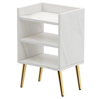 Mahmayi Modern Night Stand, Side End Table with 3 Open Storage Shelf - White Levento Marble 