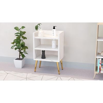 Mahmayi Modern Night Stand, Side End Table with 3 Open Storage Shelf - White Levento Marble 