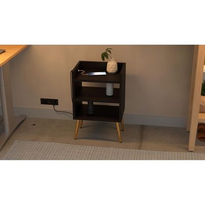 Mahmayi Modern Night Stand, Side End Table with Attached BS02 USB Charger Port and 3 Open Storage Shelf - Black