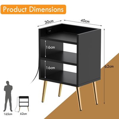 Mahmayi Modern Night Stand, Side End Table with Attached BS02 USB Charger Port and 3 Open Storage Shelf - Black