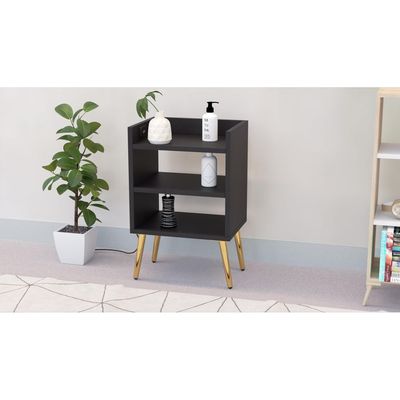 Mahmayi Modern Night Stand, Side End Table with Attached BS02 USB Charger Port and 3 Open Storage Shelf - Black