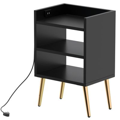 Mahmayi Modern Night Stand, Side End Table with Attached BS02 USB Charger Port and 3 Open Storage Shelf - Black