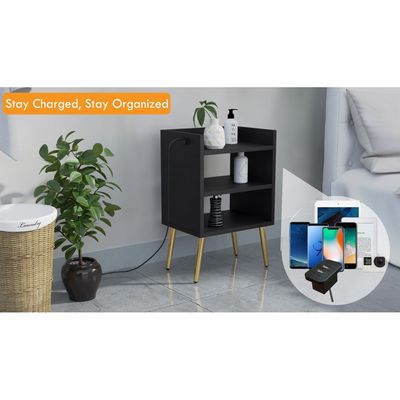 Mahmayi Modern Night Stand, Side End Table with Attached BS02 USB Charger Port and 3 Open Storage Shelf - Black