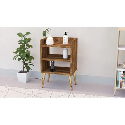 Mahmayi Modern Night Stand, Side End Table with Attached BS02 USB Charger Port and 3 Open Storage Shelf - Dark Hunton Oak 