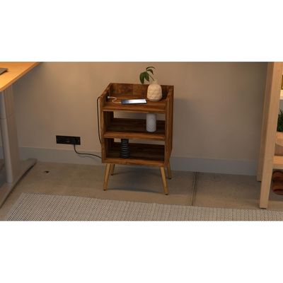 Mahmayi Modern Night Stand, Side End Table with Attached BS02 USB Charger Port and 3 Open Storage Shelf - Dark Hunton Oak 