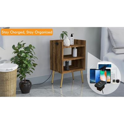 Mahmayi Modern Night Stand, Side End Table with Attached BS02 USB Charger Port and 3 Open Storage Shelf - Dark Hunton Oak 
